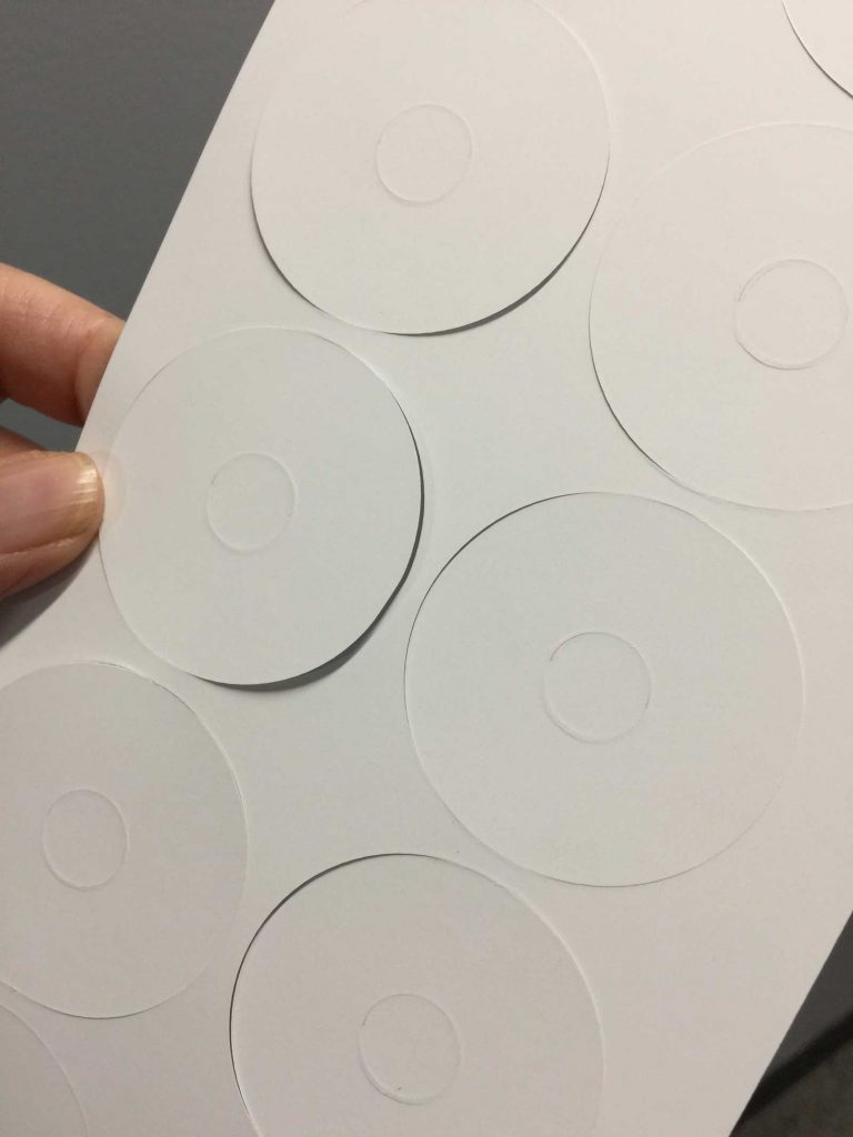 Die cut card stock circles, 45mm x 45mm round from Chipping Norton printers, Gowans & Son PTY LTD