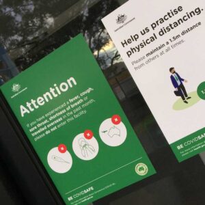COVID 19 safety posters printed on easy apply repositionable vinyl in Chipping Norton Liverpool NSW