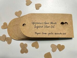 Robertson Fruit Shop Home Made infused Olive Oil Tags printed in Chipping Norton on recycled paper
