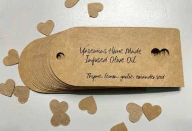 Robertson Fruit Shop Home Made infused Olive Oil Tags printed in Chipping Norton on recycled paper