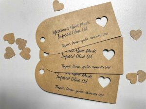 Robertson Fruit Shop Home Made infused Olive Oil Tags printed in Chipping Norton on recycled paper