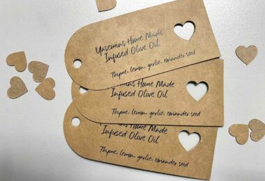 Robertson Fruit Shop Home Made infused Olive Oil Tags printed in Chipping Norton on recycled paper